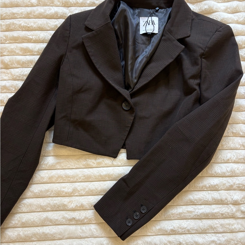 Zara Brown Cropped Plaid Blazer Jacket